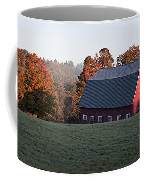 Foliage Coffee Mug featuring the photograph Panoramic view of a red barn at sunrise by Edward Fielding