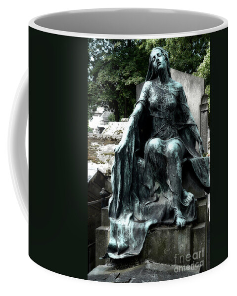 Paris Coffee Mug featuring the photograph Paris Gothic Female Mourner - Montmartre Cemetery Female Sculpture - Mother Looking Over Son by Kathy Fornal