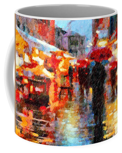 Abstract Coffee Mug featuring the painting Parisian Rain Walk Abstract Realism by Georgiana Romanovna
