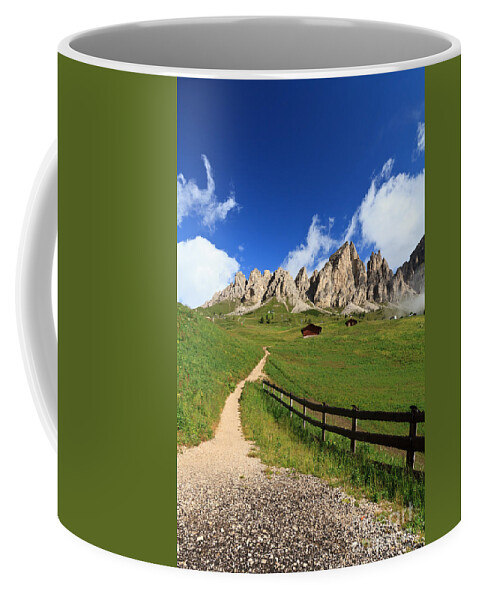 Alpine Coffee Mug featuring the photograph path in Gardena pass by Antonio Scarpi