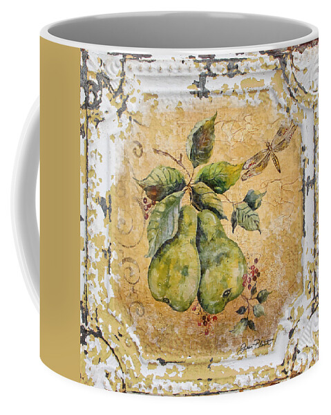 Acrylic Painting Coffee Mug featuring the painting Pears and Dragonfly on Vintage Tin by Jean Plout