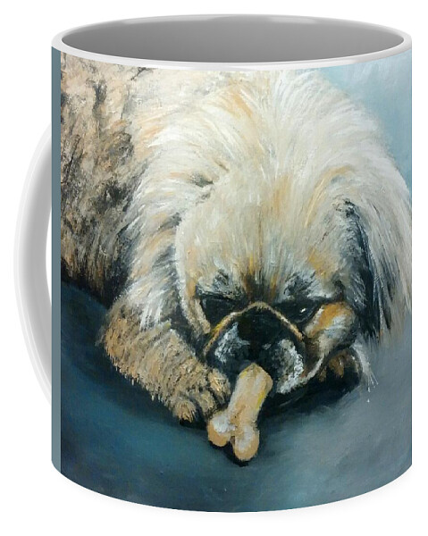 Bone Coffee Mug featuring the painting Pekinese and the Bone by Abbie Shores