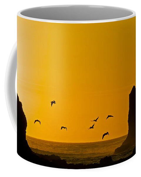 La Push Coffee Mug featuring the photograph Pelicans on the Wing II by Greg Reed