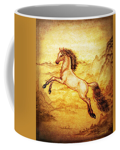 Horse Coffee Mug featuring the mixed media Pegasus Friend with Landscape by Ananda Vdovic