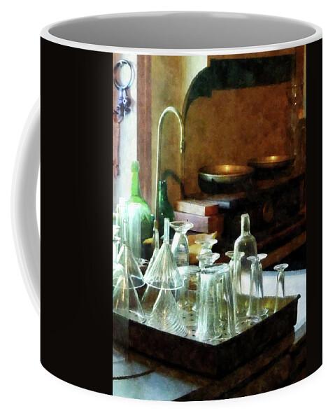 Funnels Coffee Mug featuring the photograph Pharmacy - Glass Funnels and Bottles by Susan Savad