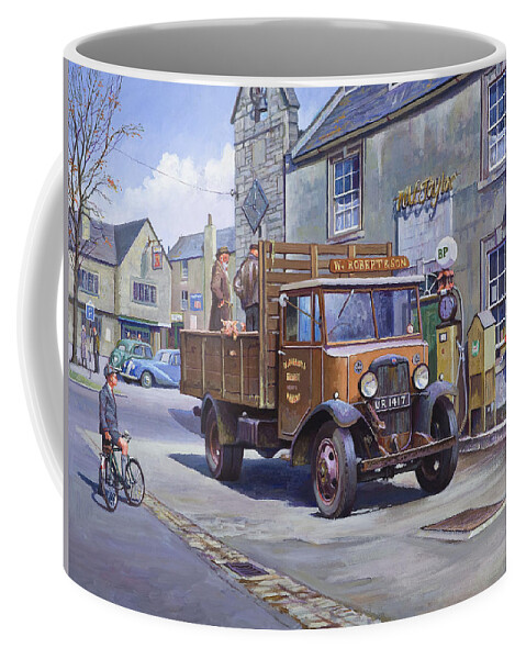 Bedford Coffee Mug featuring the painting Piggy goes to market by Mike Jeffries