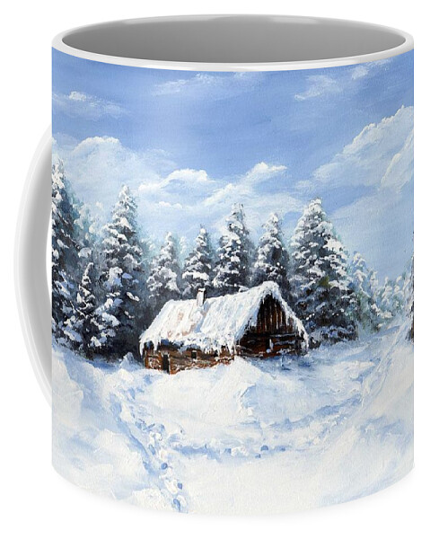 Pine Coffee Mug featuring the painting Pine Forest in Winter by Edit Voros