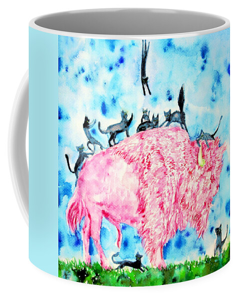 Bison Coffee Mug featuring the painting PINK BISON and BLACK CATS by Fabrizio Cassetta