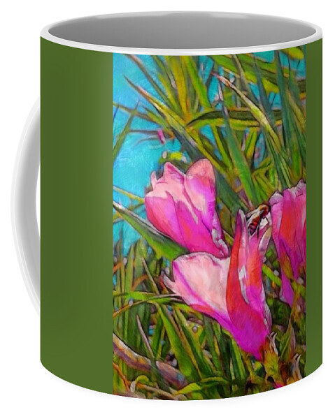 Sharkcrossing Coffee Mug featuring the digital art V Pink Tropical Flower with Honeybee - Vertical by Lyn Voytershark
