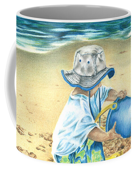 Boy Coffee Mug featuring the drawing Playing on the Beach by Troy Levesque