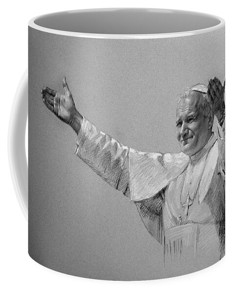 Pope John Paul Ii Coffee Mug featuring the drawing POPE JOHN PAUL II bw by Ylli Haruni