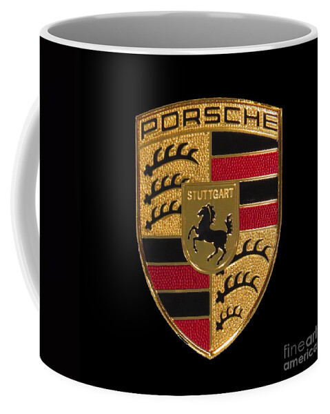 Porsche Coffee Mug featuring the photograph Porsche Emblem - Black by Scott Cameron