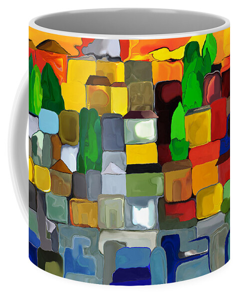 Italian Village Abstract Coffee Mug featuring the digital art Village by the sea by Haleh Mahbod