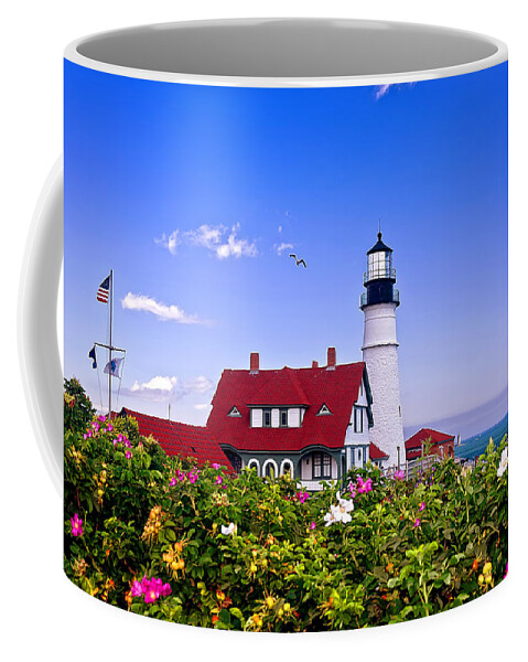 Maine Coffee Mug featuring the photograph Portland Head Light and Roses by Mitchell R Grosky