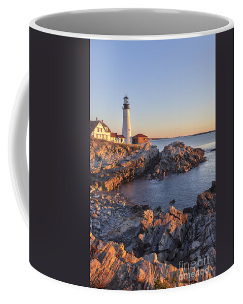 Cape Elizabeth Coffee Mug featuring the photograph Portland Head light lighthouse at sunrise Maine by Ken Brown