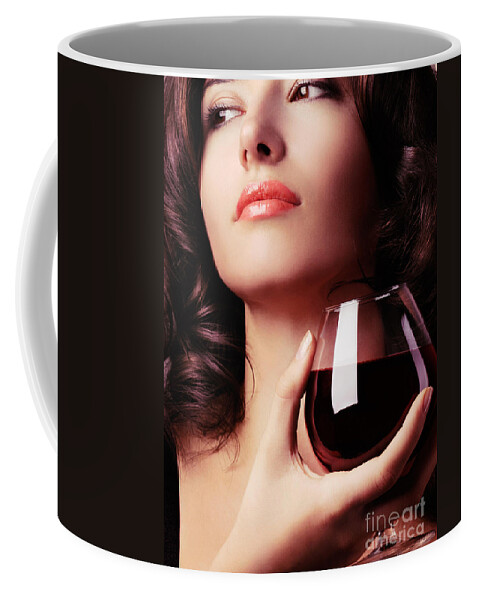 Woman Coffee Mug featuring the photograph Portrait of a beautiful woman with glass of wine by Maxim Images Exquisite Prints