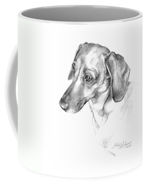 Dachshund Coffee Mug featuring the drawing Portrait of a Dachshund Paying Attention by Alena Nikifarava