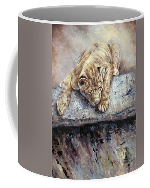 Lion Cub Coffee Mug featuring the painting Pounce by Mary McCullah