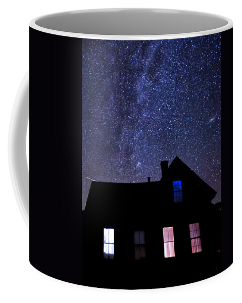 Night Dark Sky Stars milky Way Bodie California Colors Pink Blue ghost Town Spooky Haunted Old Building Lights Coffee Mug featuring the photograph Pour in the Light by Cat Connor