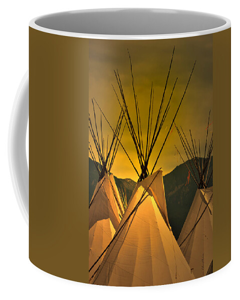 American Indian Coffee Mug featuring the photograph Powwow Camp at Sunrise by Kae Cheatham