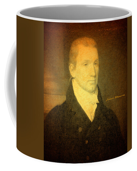 President James Monroe Portrait And Signature Coffee Mug featuring the mixed media President James Monroe Portrait and Signature by Design Turnpike