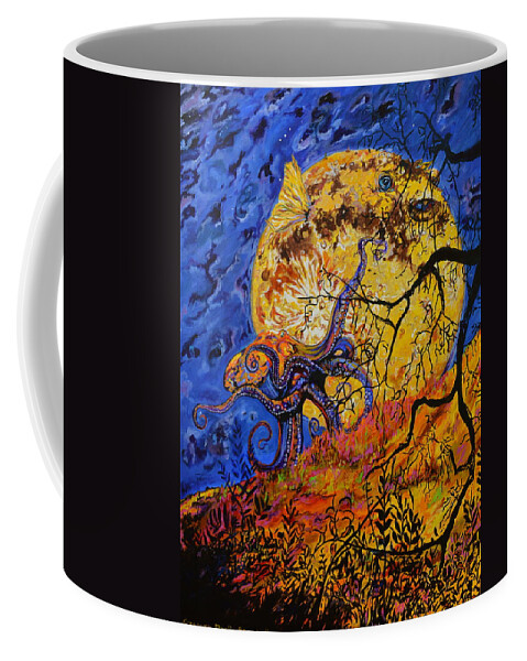 Blowfish Coffee Mug featuring the painting Puffer Fish Rising by Gregory Merlin Brown