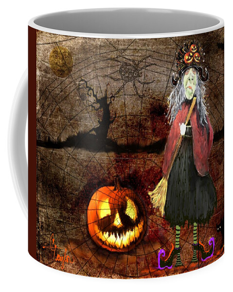 Halloween Coffee Mug featuring the painting Pumpkinella The Magical Good Witch and Her Magical Cat by Colleen Taylor