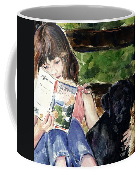 Black Lab Puppy Coffee Mug featuring the painting Pup and Paperback by Molly Poole
