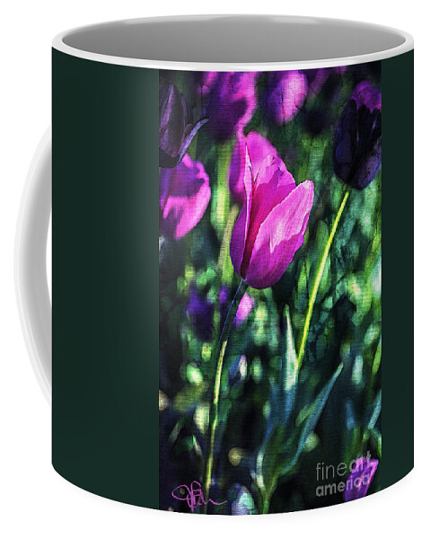 Tulips Coffee Mug featuring the painting Purple and PInk Tulip Companions by Jani Bryson