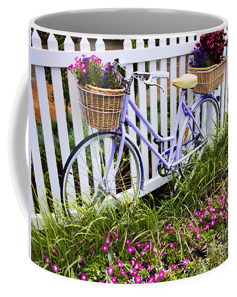 Bicycle Coffee Mug featuring the photograph Purple Bicycle and Flowers by David Smith