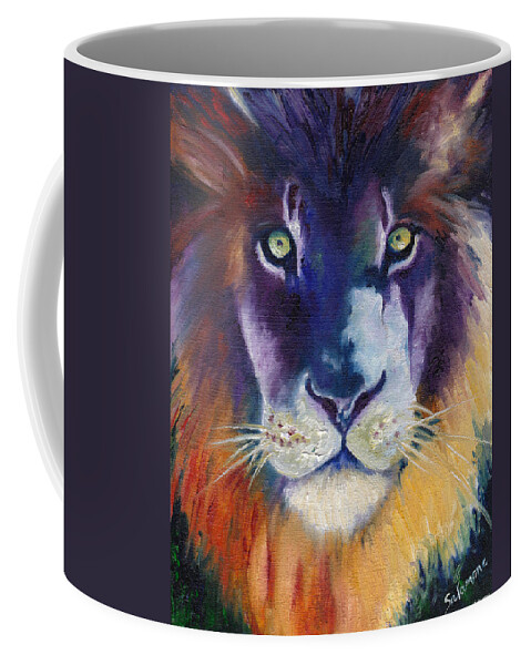 Lion Royalty Majestic King Purple Colorful Africa Leo Wildlife Animals Eyes Coffee Mug featuring the painting Purple Majesty by Brenda Salamone