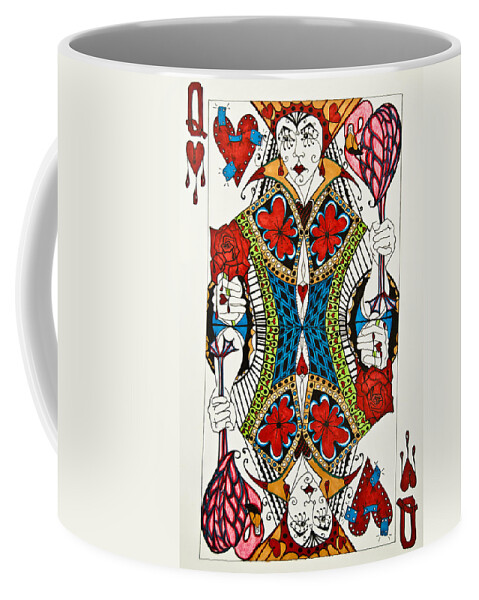 Queen Of Hearts Coffee Mug featuring the drawing Queen Of Hearts Face Card by Jani Freimann