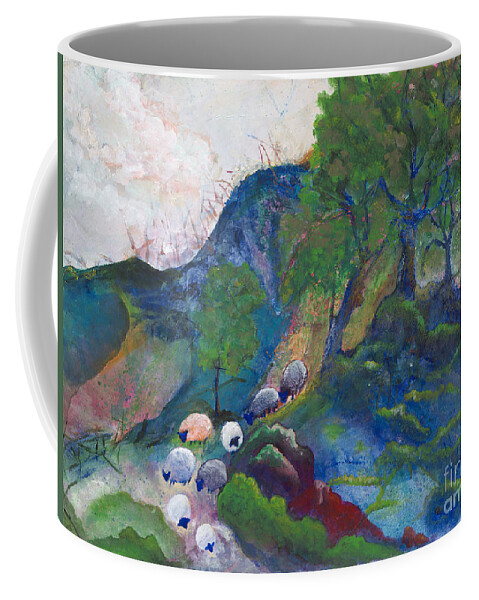 Sheep Coffee Mug featuring the painting Quiller's Sheep by Ginny Neece