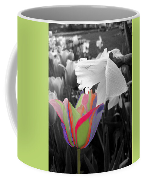Colorized Tulips Coffee Mug featuring the digital art Quilted-look Tulip And A Daffodil by Pamela Smale Williams