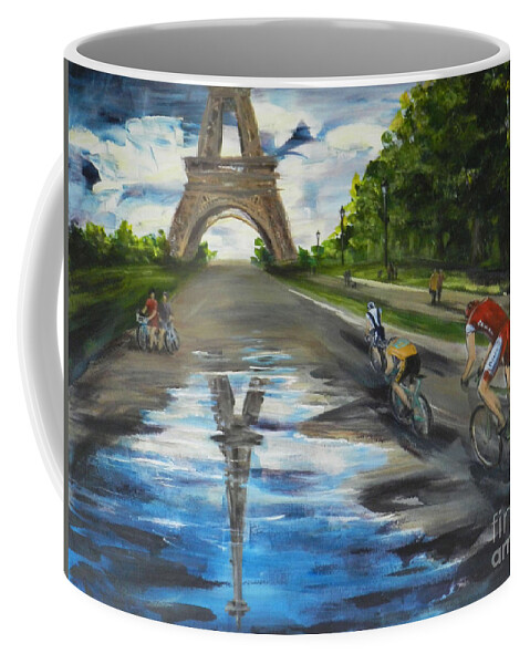 Paris Coffee Mug featuring the painting Racing to the Eiffel by Deborah Ferree