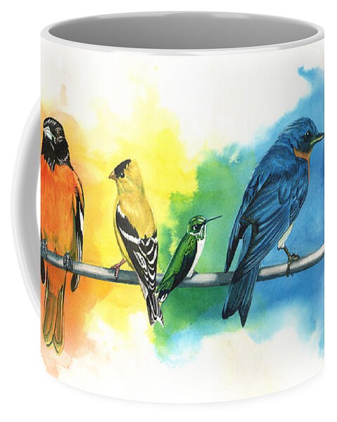 Rainbow Coffee Mug featuring the painting Rainbow Birds by Antony Galbraith