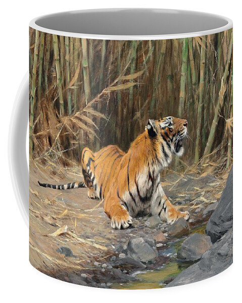 Tiger Coffee Mug featuring the painting Raising His Voice by Wilhelm Kuhnert