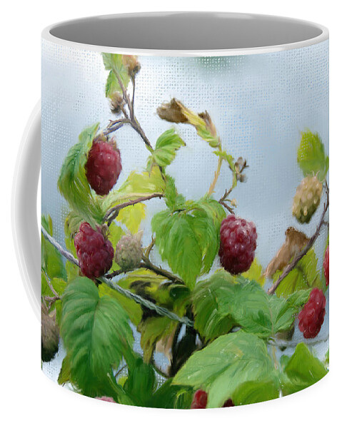 Agriculture Coffee Mug featuring the digital art Raspberries on a fence by Debra Baldwin