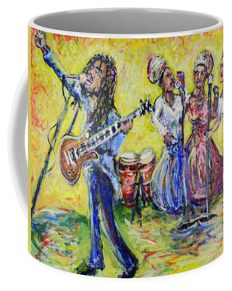 I-threes Coffee Mug featuring the painting Rastaman Vibration - Bob Marley and the I-Threes by Jason Gluskin