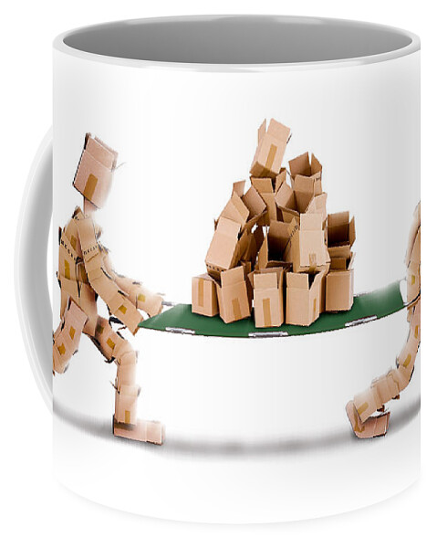  Recycling Coffee Mug featuring the photograph Recycling boxes by box characters and stretcher by Simon Bratt