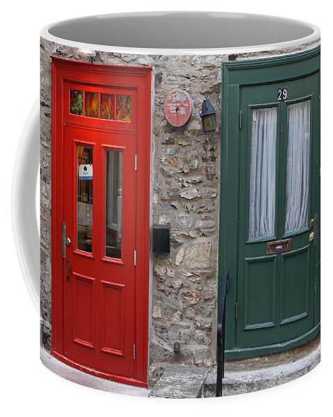 Red Coffee Mug featuring the photograph Red and Green Doors of Quebec by Juergen Roth
