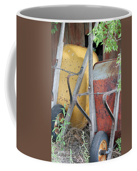 Rusty Wheelbarrows Coffee Mug featuring the photograph Wheelbarrow Companions by E Faithe Lester