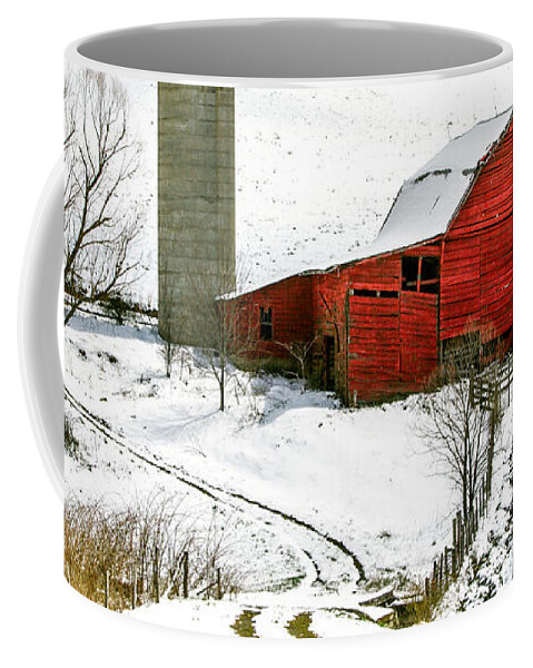 Snow Coffee Mug featuring the photograph Red Barn in Snow by John Haldane