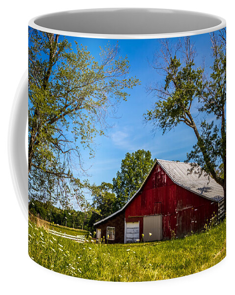 Art Coffee Mug featuring the photograph Red Barn in the Trees by Ron Pate