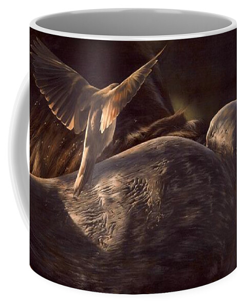 Buffalo Coffee Mug featuring the painting Red-Billed Oxpecker and Cape Buffalo Painting by Rachel Stribbling