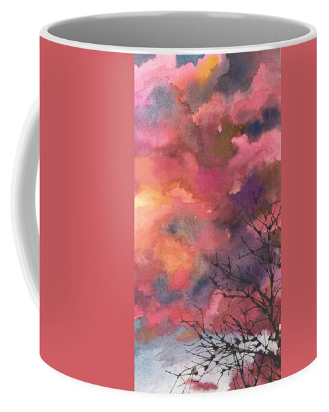 Sunset Painting Coffee Mug featuring the painting Red Clouds with Twig Tree by Anne Gifford