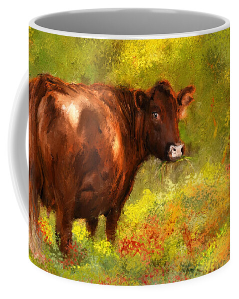 Red Devon Cattle Coffee Mug featuring the painting Red Devon Cattle - Red Devon Cattle in a Farm Scene- Cow Art by Lourry Legarde