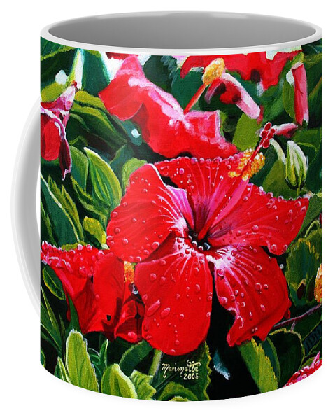 Red Hibiscus Coffee Mug featuring the painting Red Hibiscus by Marionette Taboniar