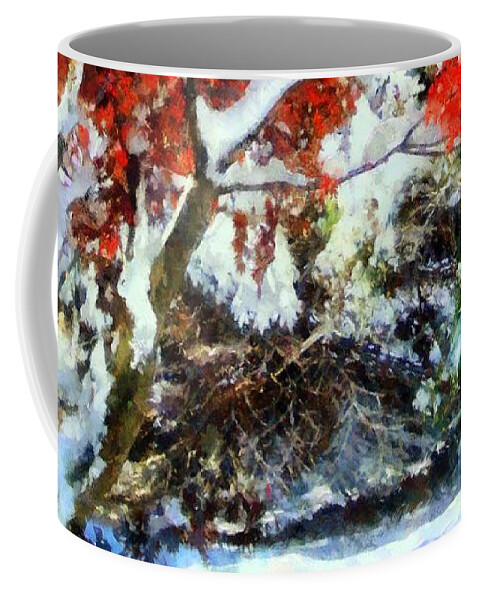 Red Japanese Maple Coffee Mug featuring the photograph Red Japanese Maple in snow by Janine Riley