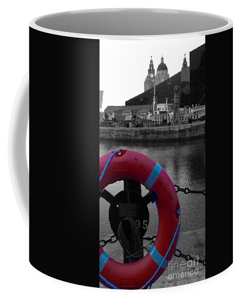 Red Colour Splash Coffee Mug featuring the photograph Red Lifebelt At Albert Dock 2 by Joan-Violet Stretch